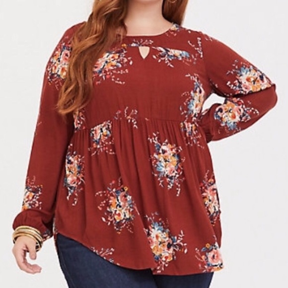 torrid Tops - Torrid Rust Floral Print Gauze Keyhole Tunic